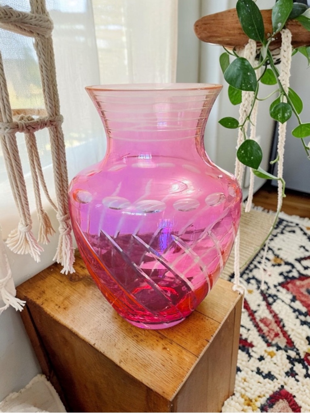 vintage Czech Bohemian cut-to-clear pink glass vase 9” tall